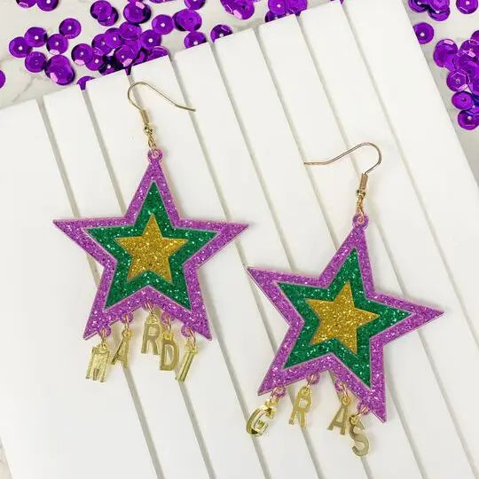 PREORDER: Mardi Gras Star Dangle Glitter Earrings