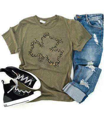 PREORDER| Leopard Clover Tee - Heather Olive - Trendy Plus Size Women's Boutique Clothing
