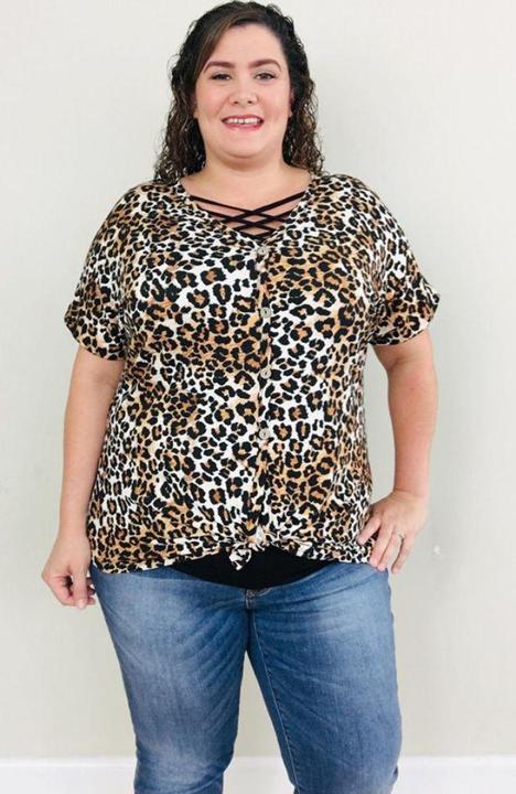 Leopard Button Down Tie Tee - Trendy Plus Size Women's Boutique Clothing