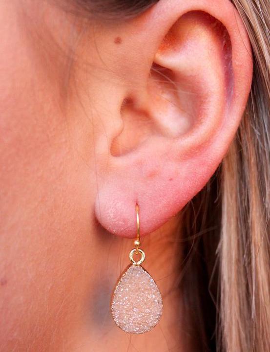 Andesa Fish Hook Druzy Stone Earring-Natural (Natural Stone) (Colors May Vary) - Trendy Plus Size Women's Boutique Clothing