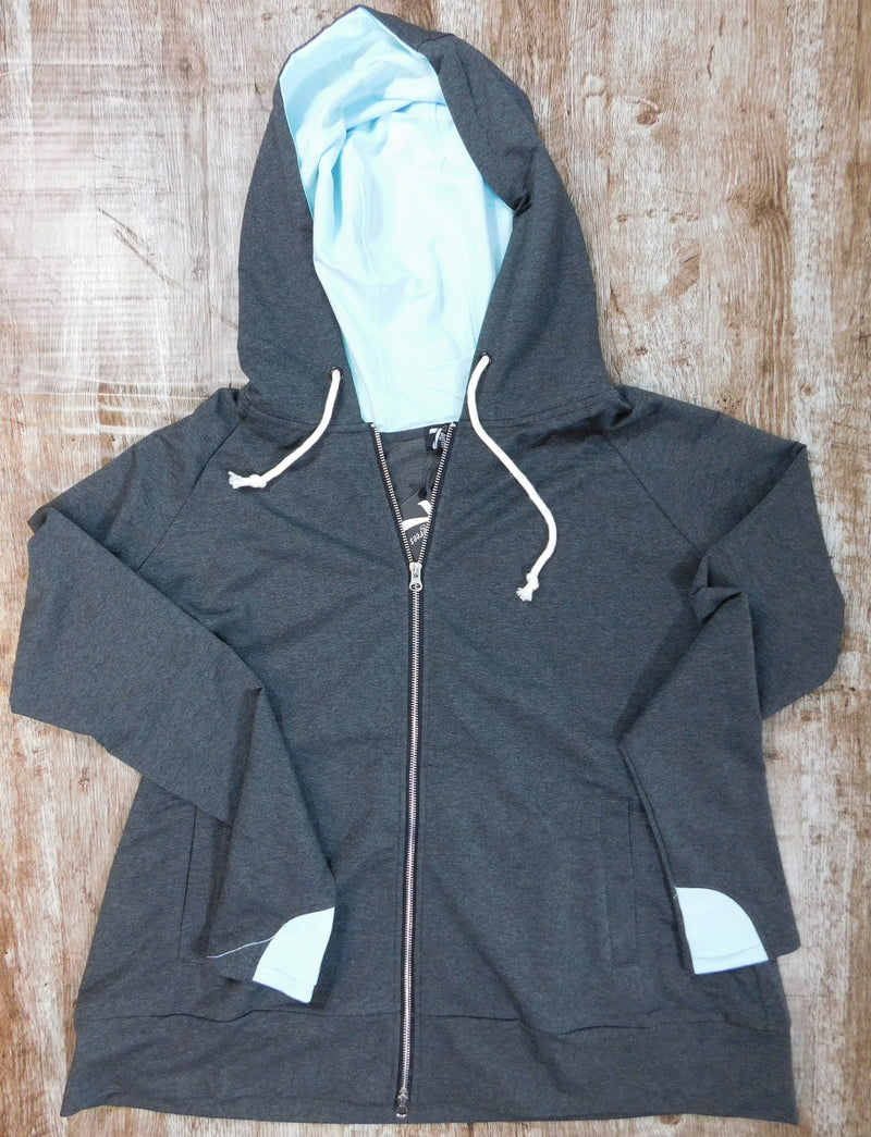 Tiffany Blue/ Charcoal Hoodie w/ Thumbholes - Trendy Plus Size Women's Boutique Clothing