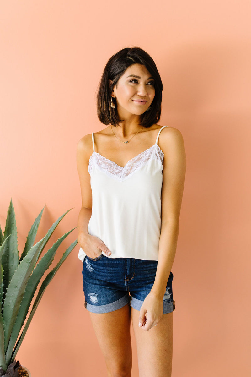 Lace Trimmed Knit Cami In Ivory
