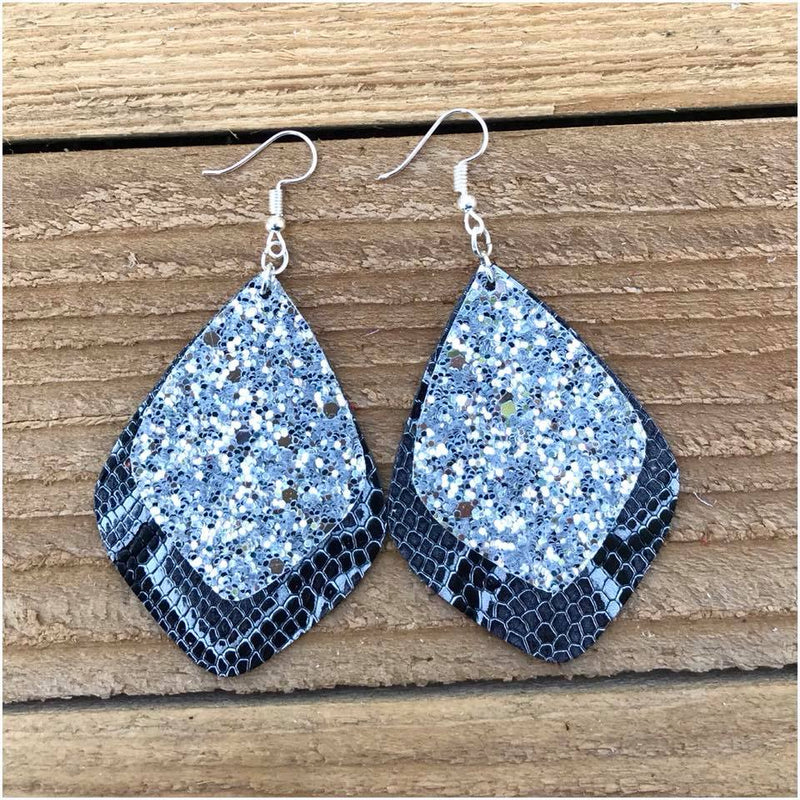 2.5” Silver Glitter & Black Snakeskin Layered Dangles (Leather) - Trendy Plus Size Women's Boutique Clothing