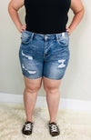 Plus Size Judy Blue Mid Thigh Destroyed Denim Shorts - Trendy Plus Size Women's Boutique Clothing