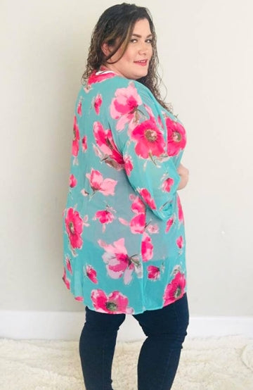 Mint/Fushia Floral Kimono - Trendy Plus Size Women's Boutique Clothing