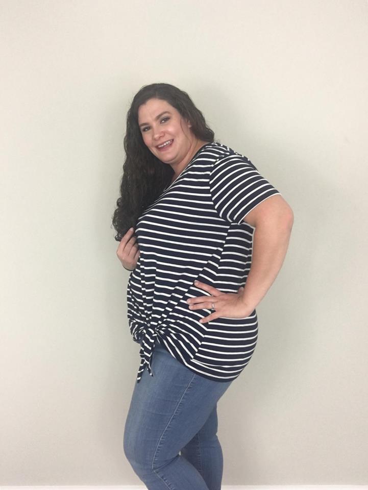 Navy Striped Short Sleeve top with waist tie - Trendy Plus Size Women's Boutique Clothing