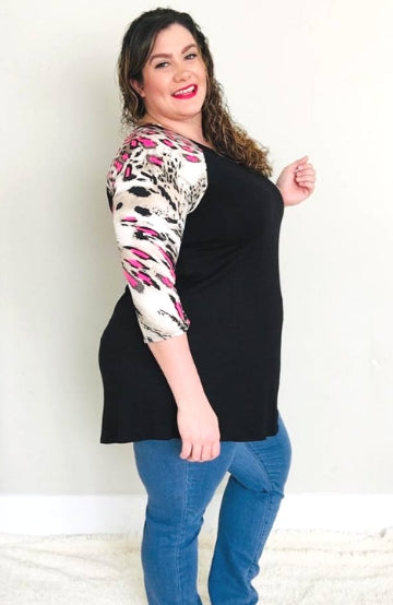 Pink Leopard Sleeve Tee - Trendy Plus Size Women's Boutique Clothing