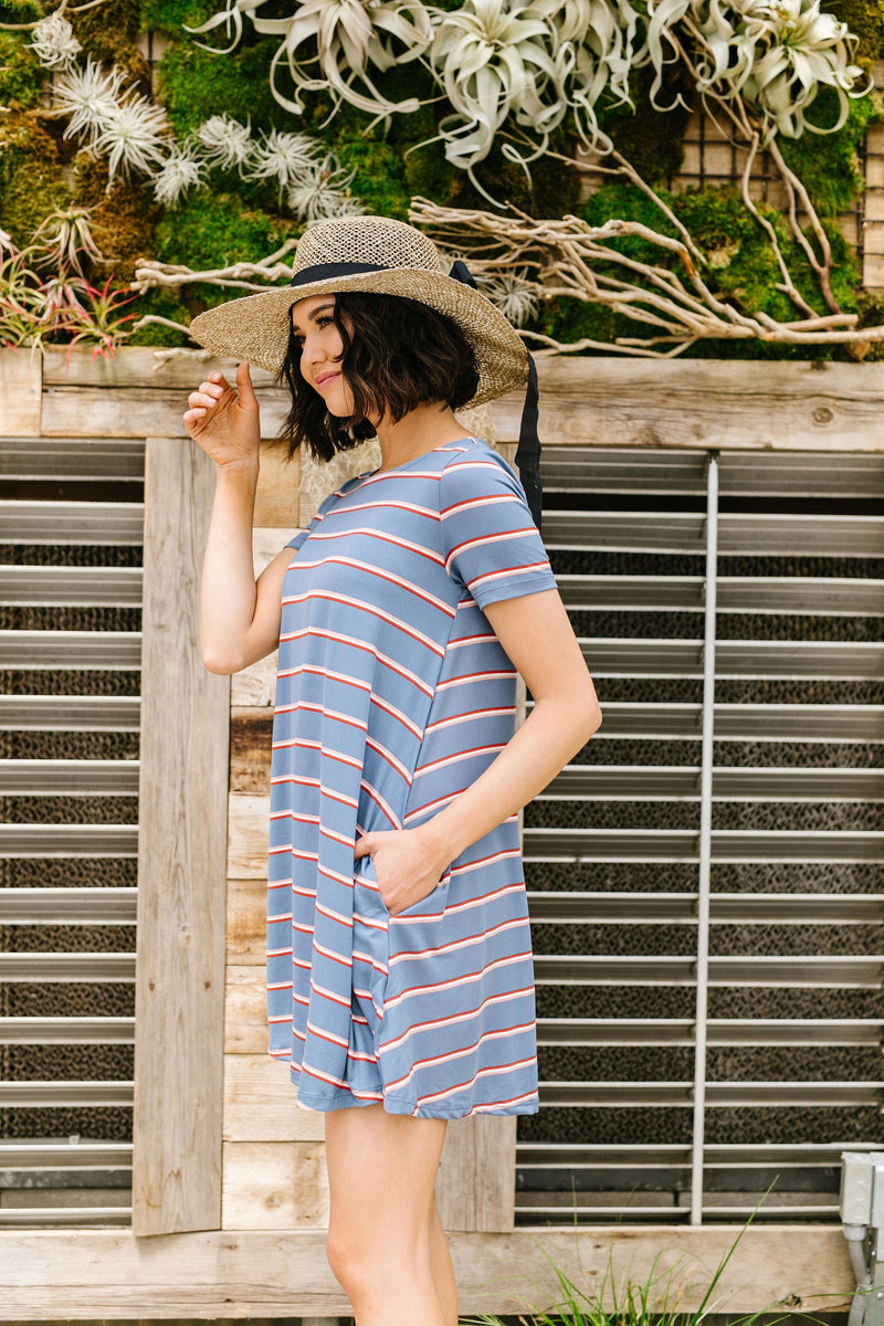 Stripes T-Shirt Dress In Blue - Trendy Plus Size Women's Boutique Clothing