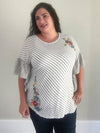 Striped and Floral Embroidered Ruffle Sleeve Top - Trendy Plus Size Women's Boutique Clothing