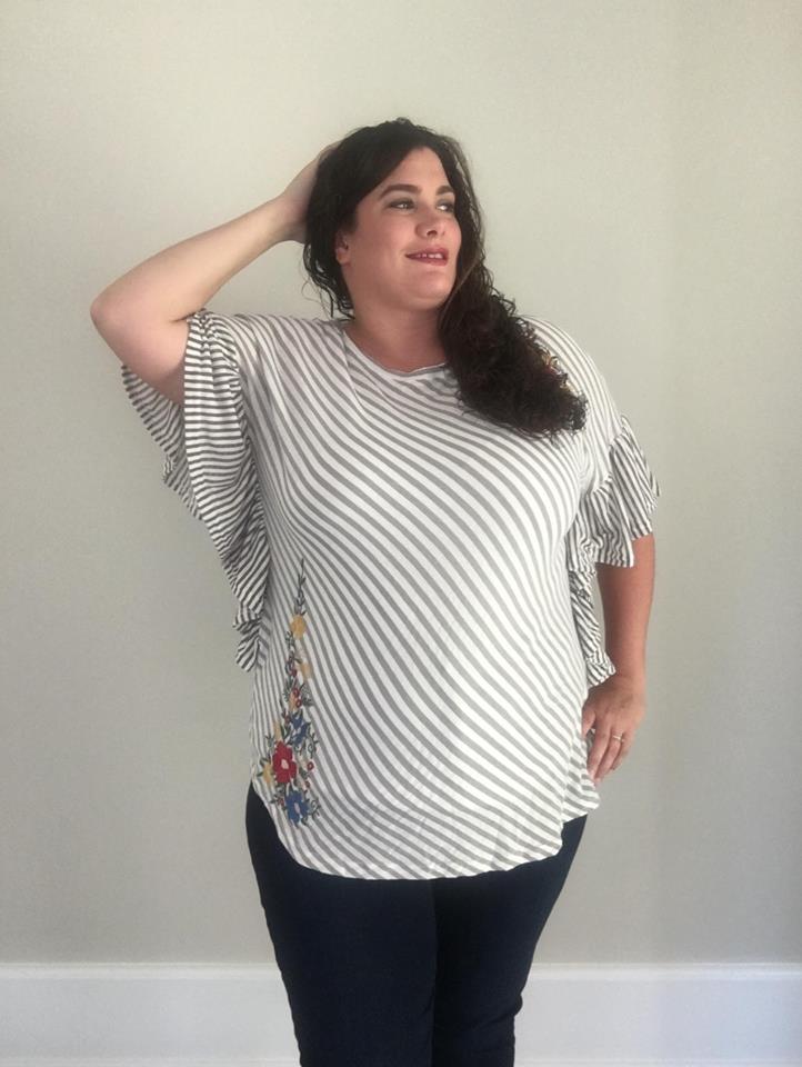 Striped and Floral Embroidered Ruffle Sleeve Top - Trendy Plus Size Women's Boutique Clothing