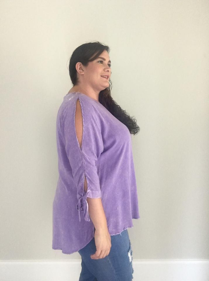 3/4 Washed Tie Sleeve| Violet - Trendy Plus Size Women's Boutique Clothing